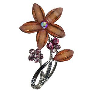 Coral Lucite Flower Brooch Pin with AB Center & Pink Rhinestone Butterfly Accent